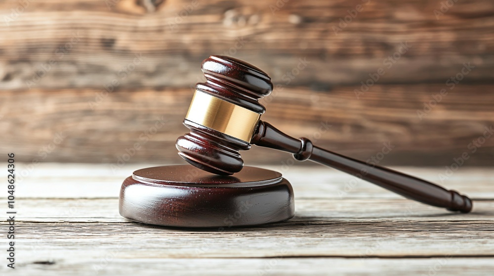 Obraz premium Close-up of a gavel on a wooden desk, symbolizing authority and importance of election rules, with copy space for text or design.