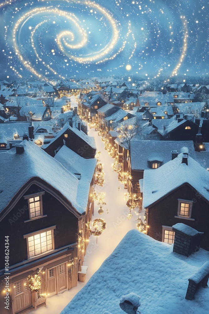Fototapeta premium Snowy town with magical sky swirls and festive lights