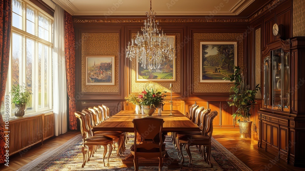 Elegant Dining Room with Large Wooden Table Elegant Dining Room with Large Wooden Table