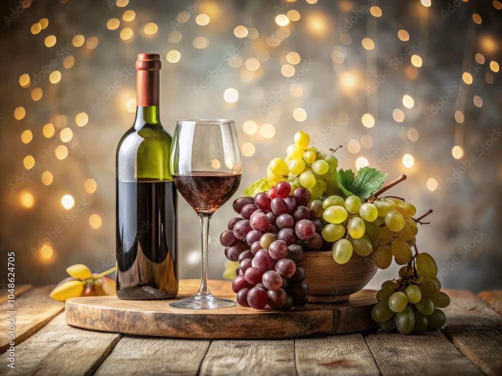 Obraz premium Vintage Style Grapes and Wine Photography - Aesthetic Still Life with Grapes, Wine Bottles, and Glasses on White Background