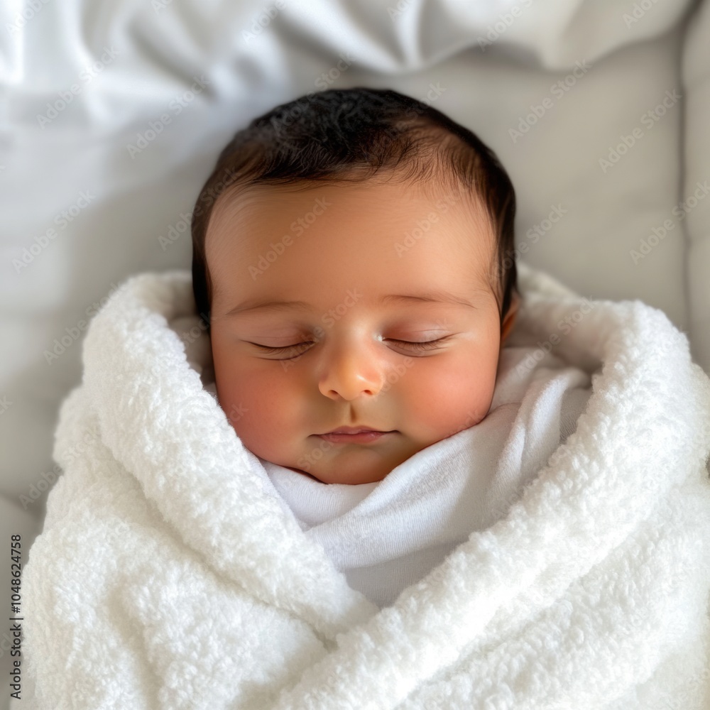 A peaceful sleeping baby wrapped in a cozy white blanket. A peaceful sleeping baby wrapped in a cozy white blanket.