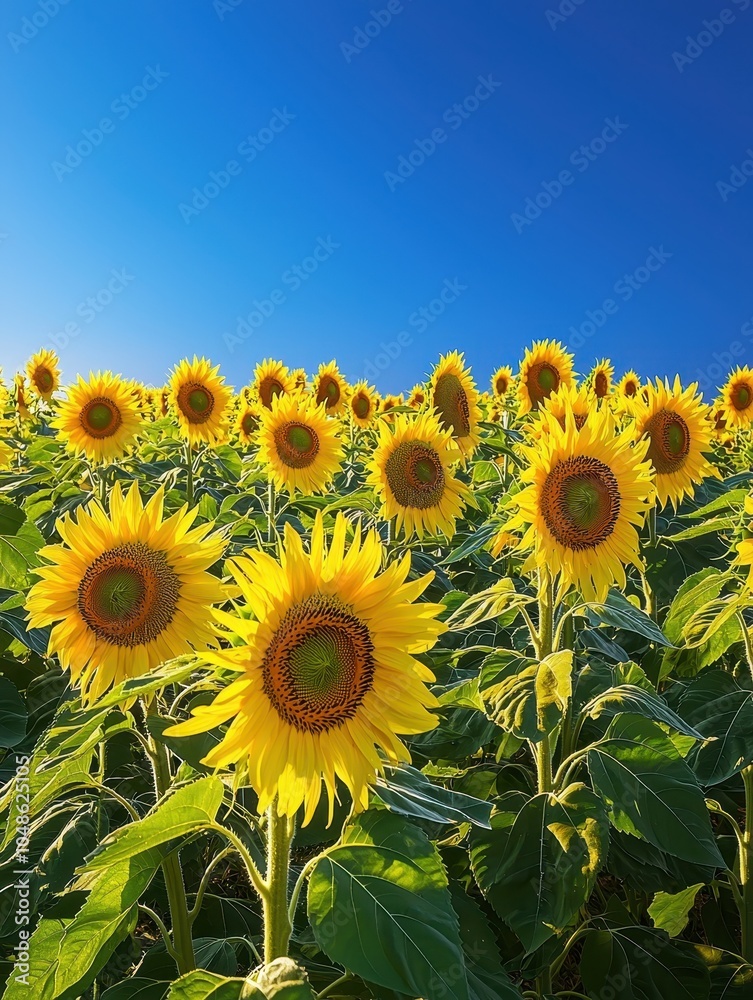 Obraz premium Bright Sunflower Field under Clear Blue Sky