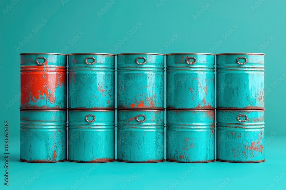 Row of Weathered Metal Barrels with Worn Paint Row of Weathered Metal Barrels with Worn Paint