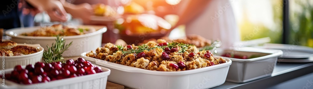Thanksgiving table filled with stuffing and cranberry dishes, family bonding over stories and laughter, warm holiday ambiance