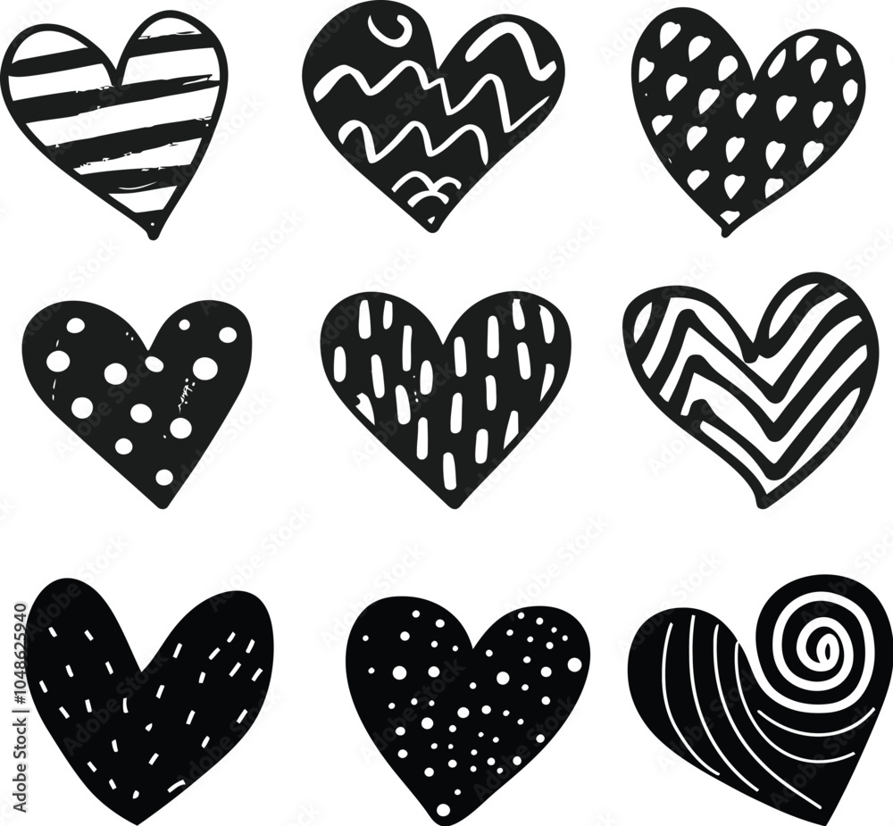 Set of Patterned heart icons vector. Hand-drawn Love Symbol Vector Illustrations Set of Patterned heart icons vector. Hand-drawn Love Symbol Vector Illustrations
