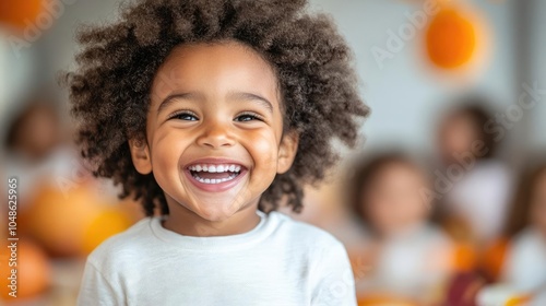 Children laughing joyfully at a Thanksgiving party, colorful decorations and festive games filling the room with excitement and fun