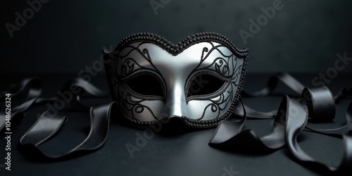 Elegant black and silver masquerade mask set against a dark background, perfect for themes of mystery, celebration, or theatrical performances. photo