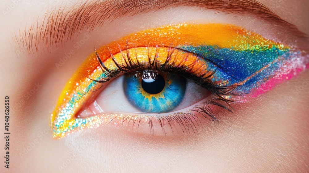 Close up view of female eye with bright multicolored fashion mak Close up view of female eye with bright multicolored fashion mak