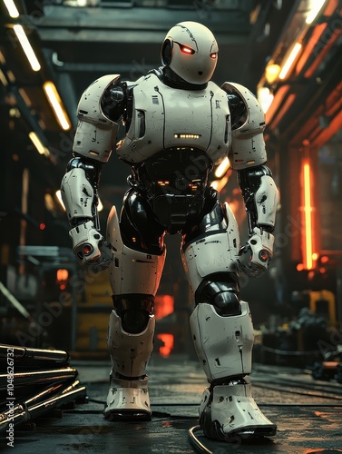 Detailed 3D Robot with LED Lights in Dark Environment