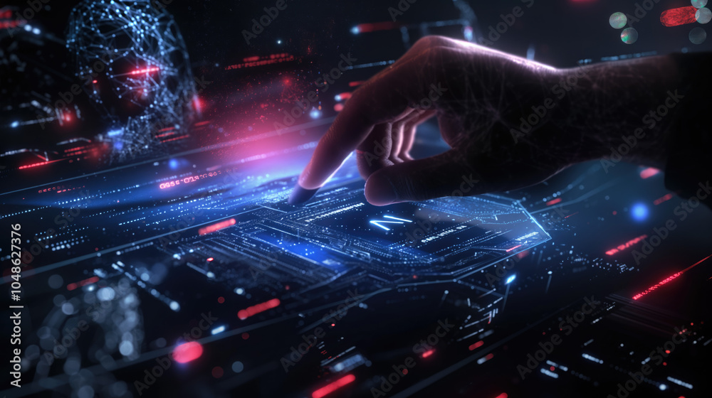 Hand pointing at AI symbols on 3D digital screen surrounded by futuristic elements symbolizing the power of artificial intelligence and its impact on the future.Technological virtual background Hand pointing at AI symbols on 3D digital screen surrounded by futuristic elements symbolizing the power of artificial intelligence and its impact on the future.Technological virtual background