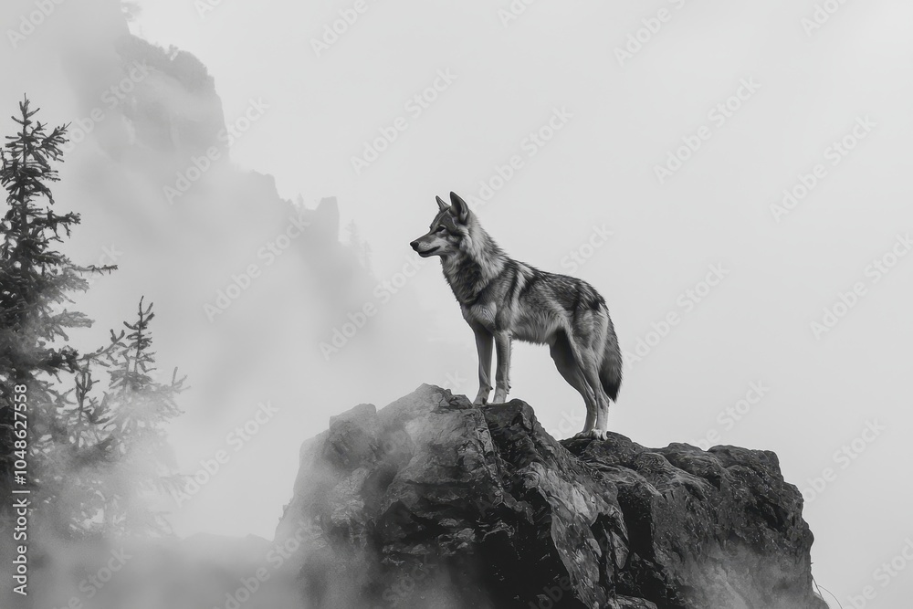 Fototapeta premium Lone Wolf on Rocky Cliff in Misty Landscape