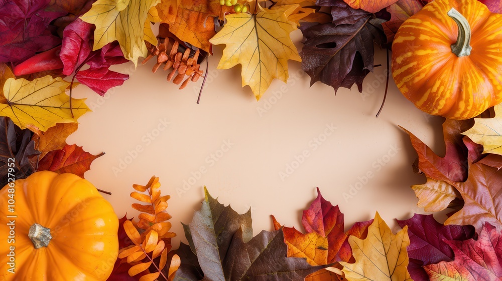 Fototapeta premium Festive Pumpkin with Carved Face and Fall Leaf Wreath