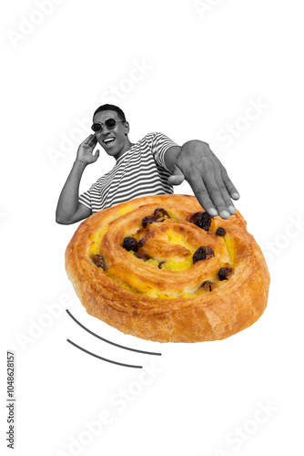 Creative trend collage of funny man dj play music roll cinnamon bun cooking eating food surrealism template metaphor artwork concept photo