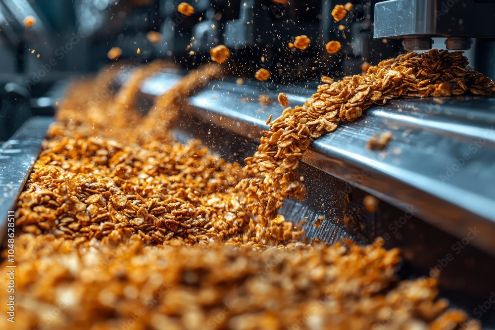 Granola Falling onto a Conveyor Belt in a Food Factory Granola Falling onto a Conveyor Belt in a Food Factory