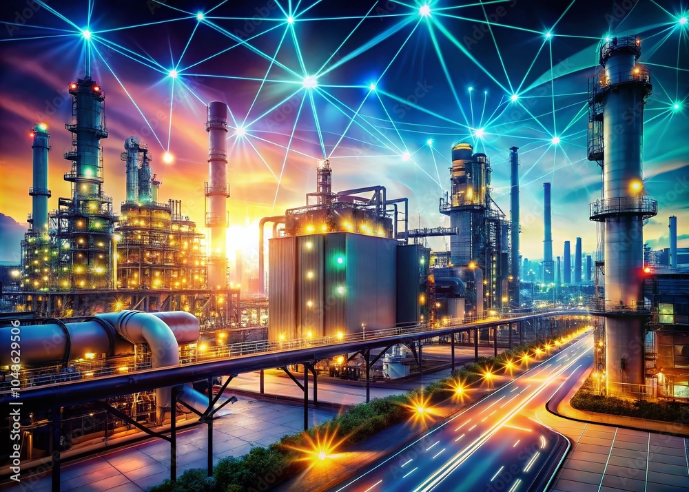 Fototapeta premium Industrial Complex at Night with Bokeh Effect and Digital Data Streams for Futuristic Technology Visualization
