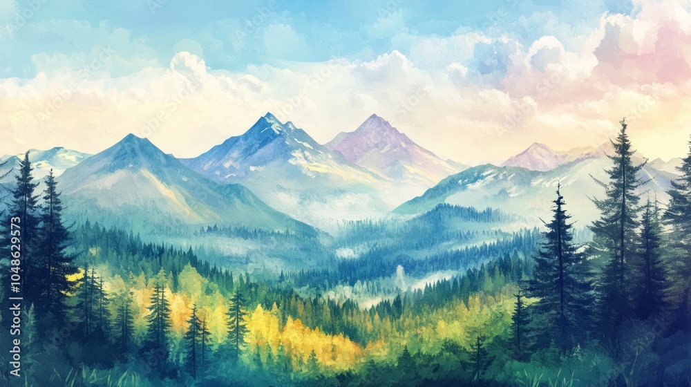 Obraz premium A painting of a mountain range with a blue sky and trees