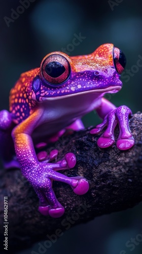 A colorful frog is perched on a branch. The frog is bright pink and purple, with a yellow spot on its head. The image has a playful and whimsical mood, as the frog's bright colors photo