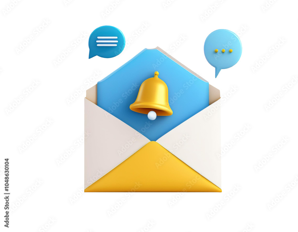 3D Opened letter in envelope with bell notification and blue speech bubble messages. Email contact and communication. Business and office cartoon emoji icon. Newsletter concept. 3D Vector illustration 3D Opened letter in envelope with bell notification and blue speech bubble messages. Email contact and communication. Business and office cartoon emoji icon. Newsletter concept. 3D Vector illustration