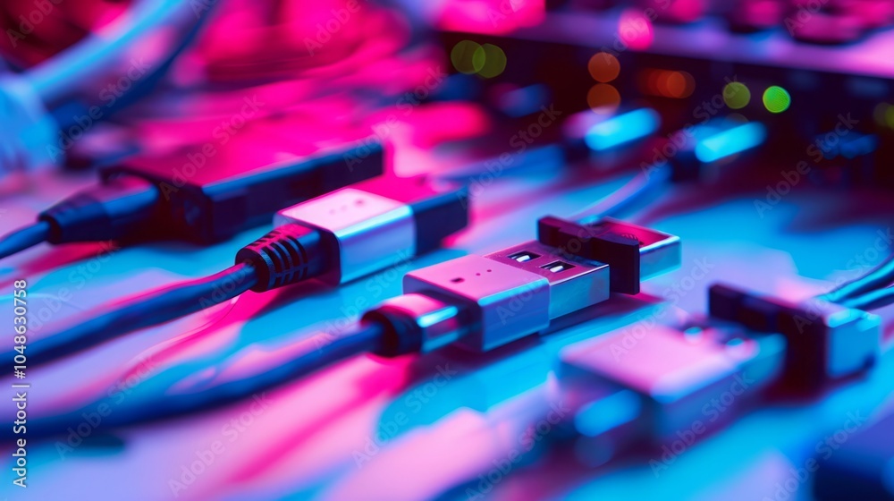 Fototapeta premium Close-Up of a Sleek USB Hub with Multiple Ports, Connecting Various Devices Against Blurred Background of Electronic Gadgets, Showcasing Modern Design and Functional Convenience in Soft Natural Light.