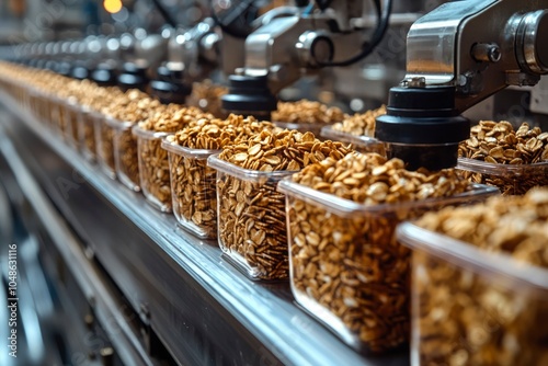 Automated Packaging Line Filling Clear Containers with Oat Flakes