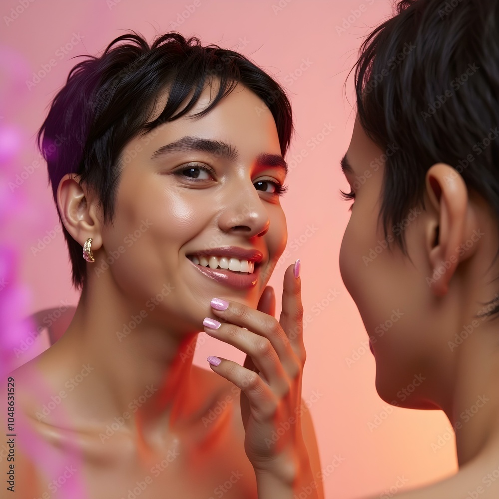 Smiling woman put cream on her face, protection. Cream protects skin from photoaging and harmful effects ultraviolet rays. Smiling woman put cream on her face, protection. Cream protects skin from photoaging and harmful effects ultraviolet rays.