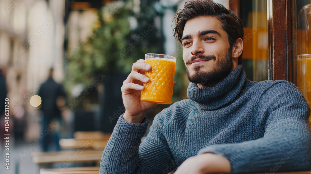 Fototapeta premium Cheerful Man Holding Orange Juice at Cafe