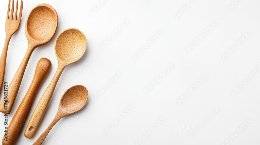 Collection of Wooden Cooking Utensils on Light Background Collection of Wooden Cooking Utensils on Light Background