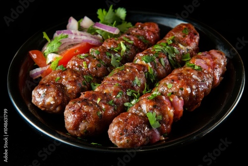 A plate of delicious kebab sausages with onions and coriander, on a black background, a studio shot.