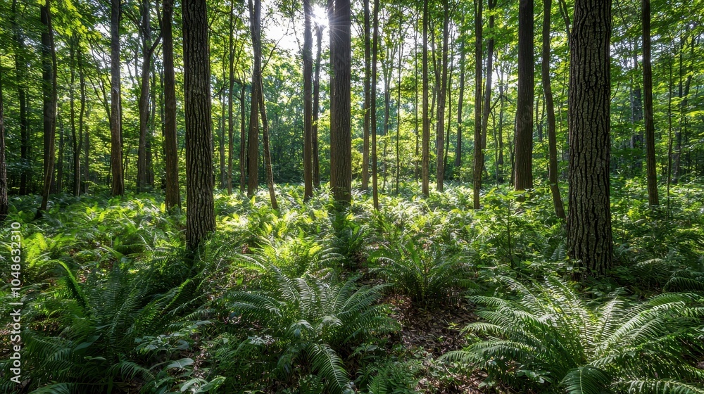 Fototapeta premium Serene Forest with Sunlight Filtering Through Trees