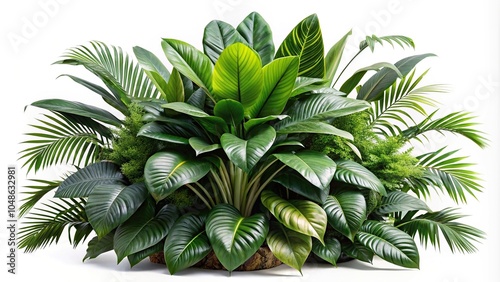 Tropical leaves bush floral arrangement isolated on white Low Angle