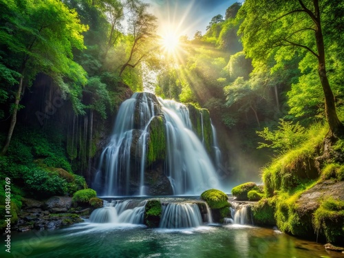 Long Exposure Waterfall in Lush Green Forest - Minimalist Photography Perfect for Nature Lovers