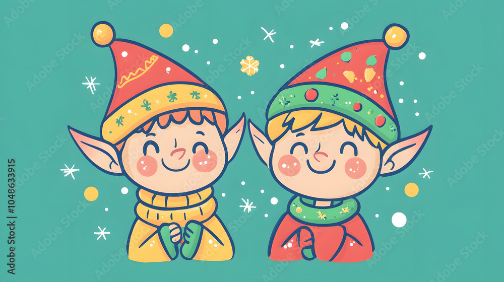 Fototapeta premium Christmas greeting card featuring a cartoon boy and Santa, with snowflakes, a snowman, and a festive tree, perfect for celebrating the holiday season
