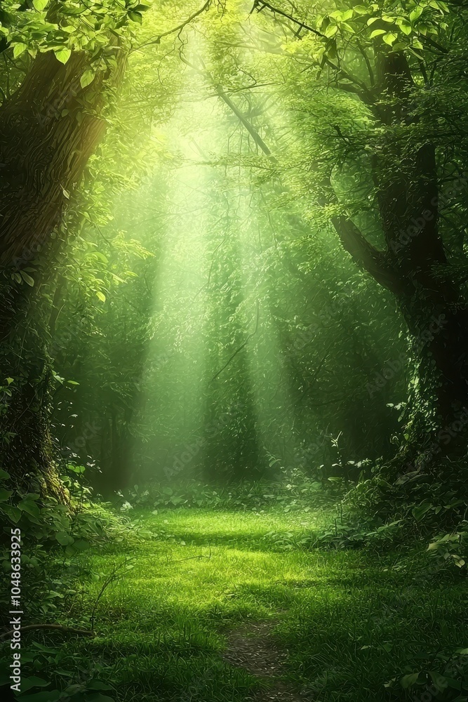 Fototapeta premium Sunlight Streaming Through Trees in Lush Forest