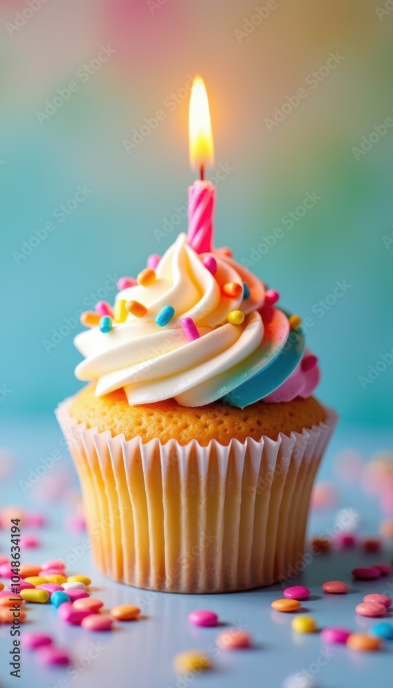 A delightful cupcake topped with creamy frosting and a lit candle, surrounded by colorful sprinkles, perfect for birthday celebrations and sweet treats.