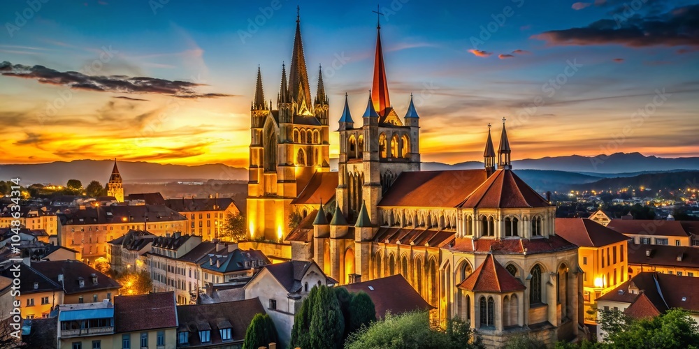 Fototapeta premium Low Light Photography of Lausanne Cathedral at Dusk - Captivating Gothic Architecture in Switzerland