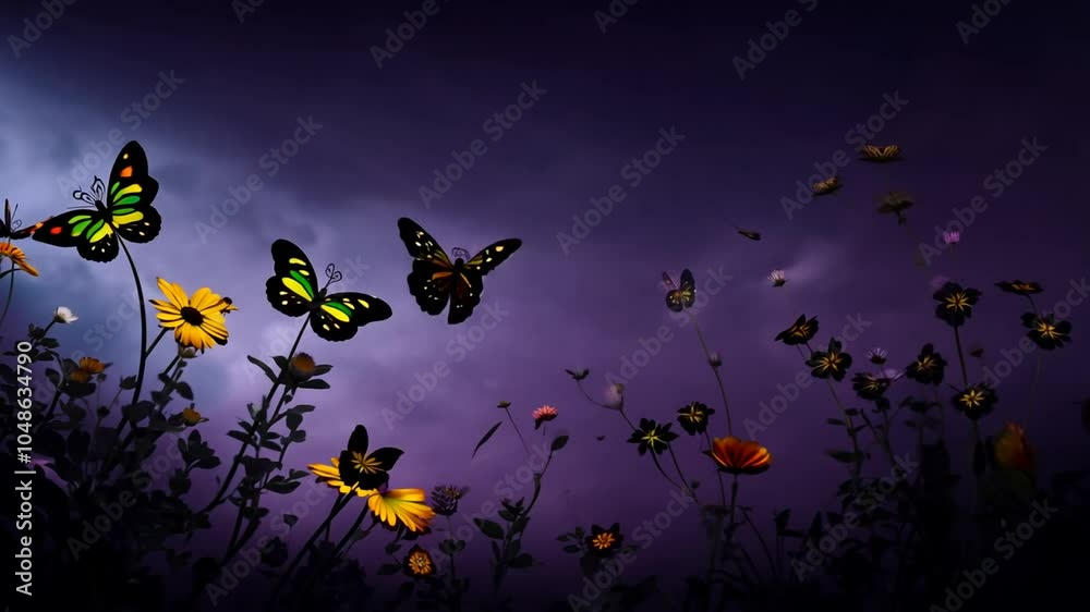 fluttering perfect dark-style any captivating flowers butterflies nature�s loop bloom adding amidst touch animation Vibrant beauty flower butterfly nature dark style petals wing motion colourful desi