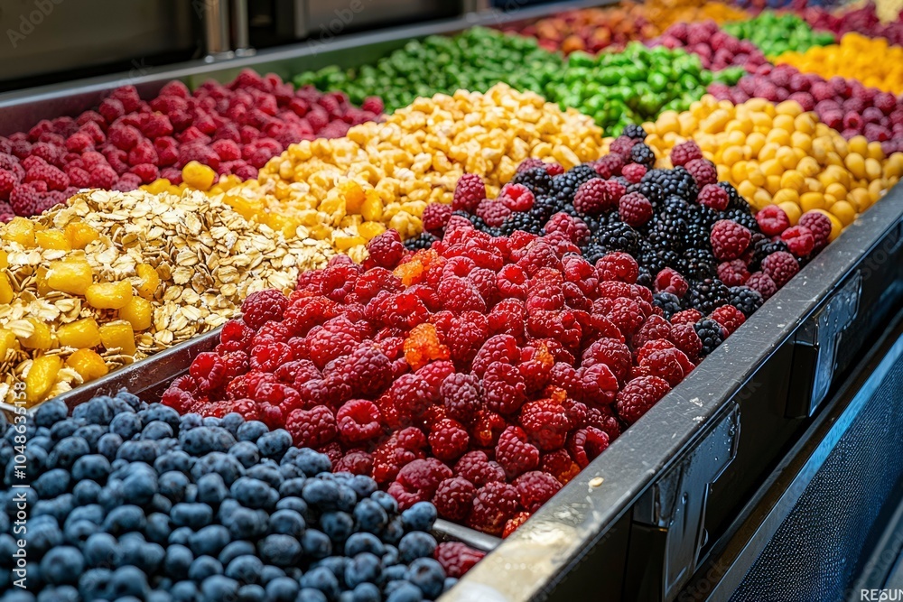Assortment of Fresh Berries and Other Food Items in a Metal Display Assortment of Fresh Berries and Other Food Items in a Metal Display