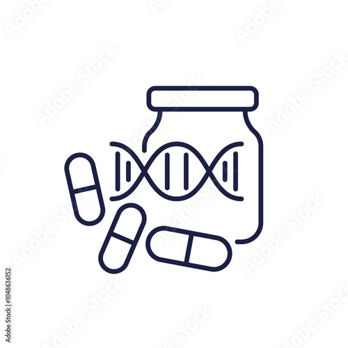 genetic medicine icon with pill bottle and dna, line vector