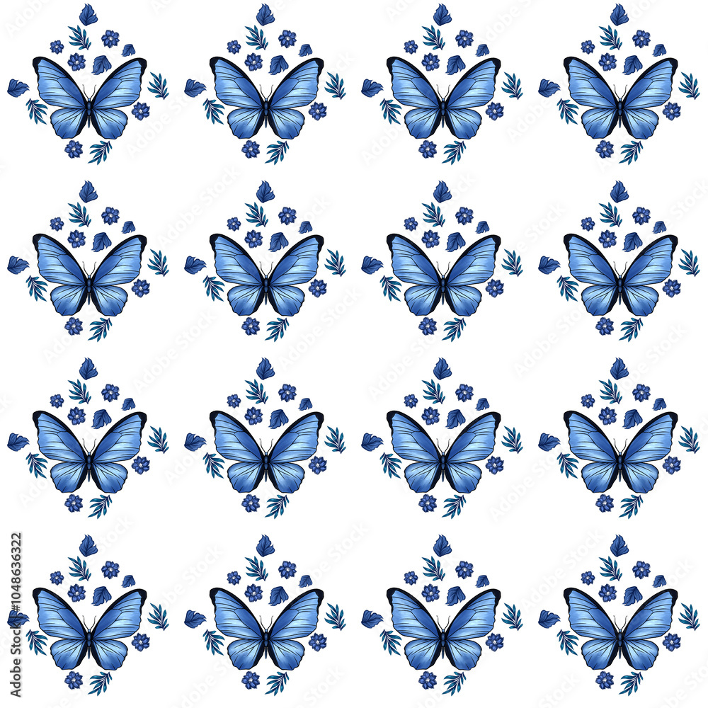 Obraz premium Pattern Illustration of Blue butterfly (Morpho amathonte) on transparent background