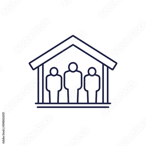 Shelter icon with people and a house, line vector