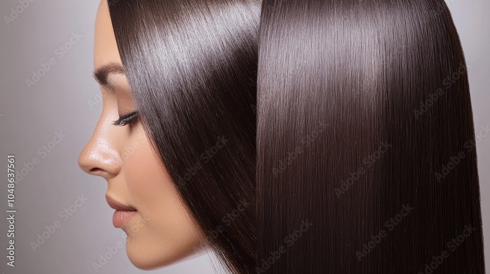 Naklejka premium Sleek brown hair styling with straightened finish in a studio setting