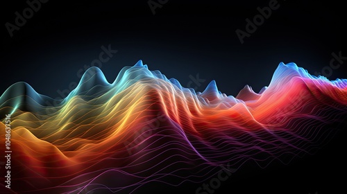 An abstract visualization of earthquake frequency, where a spectrum of seismic activity is represented as a series of pulsating waves and shockwaves in a dynamic, colorful display.