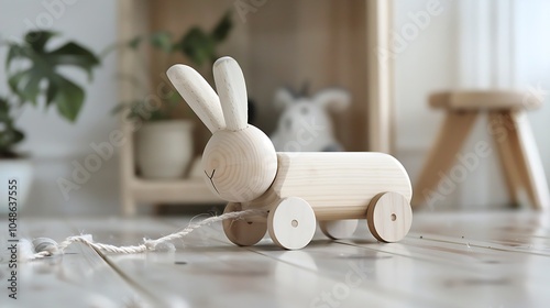 Wooden pull along bunny toy leaving tracks on white floor photo