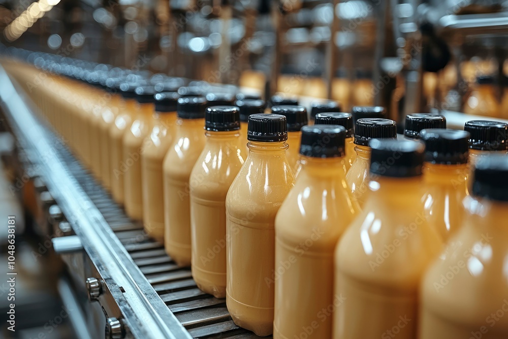 Conveyor Belt Filled with Bottles of Creamy Liquid Conveyor Belt Filled with Bottles of Creamy Liquid
