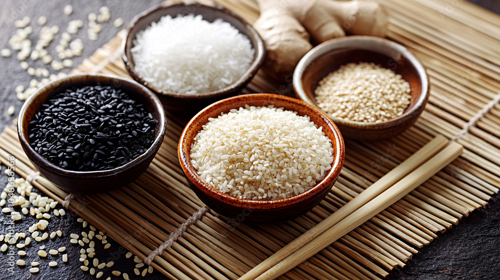 White, Black and Sesame Rice in Bowls with Chopsticks and Ginger on a Wooden Mat White, Black and Sesame Rice in Bowls with Chopsticks and Ginger on a Wooden Mat