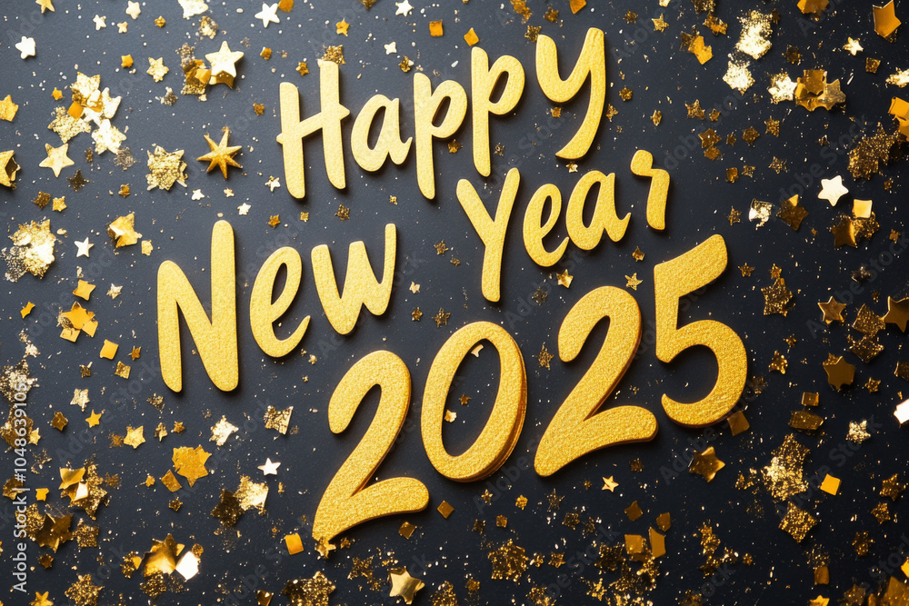 Fototapeta premium Gold star filled background with the words Happy New Year 2025 written in gold