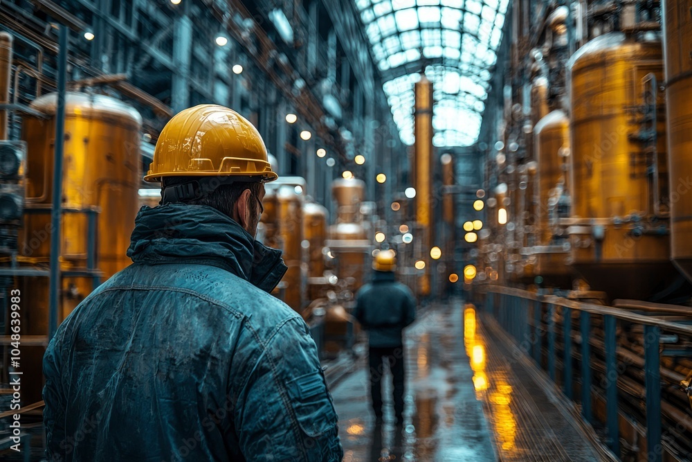 Industrial Worker in a Yellow Hard Hat Walking Through a Factory