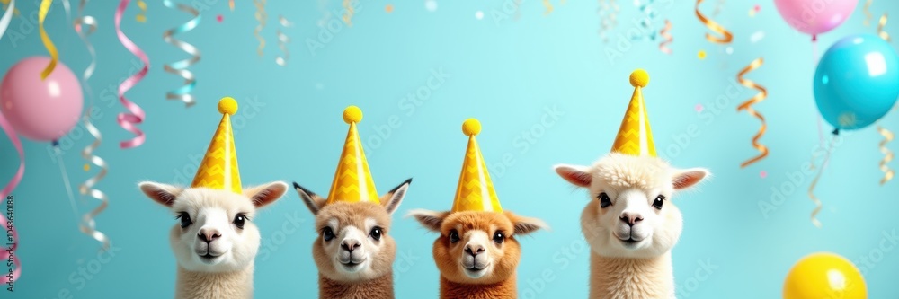 Obraz premium Celebrate with these adorable alpacas in party hats! Perfect for fun invitations, social media posts, or any joyful occasion.