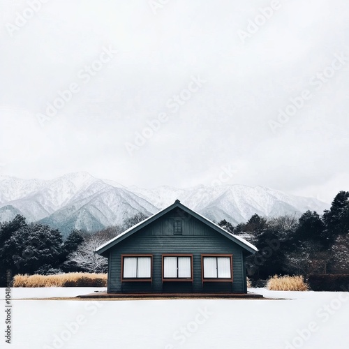 A serene winter landscape featuring a blue house surrounded by snow-capped mountains.