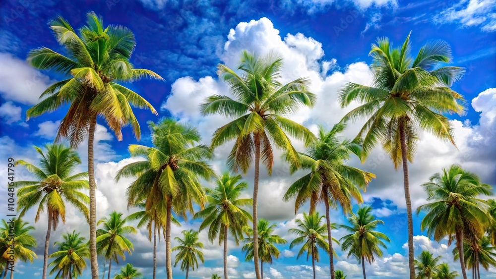 Tropical palm trees against a clear blue sky with fluffy white clouds Panoramic Tropical palm trees against a clear blue sky with fluffy white clouds Panoramic